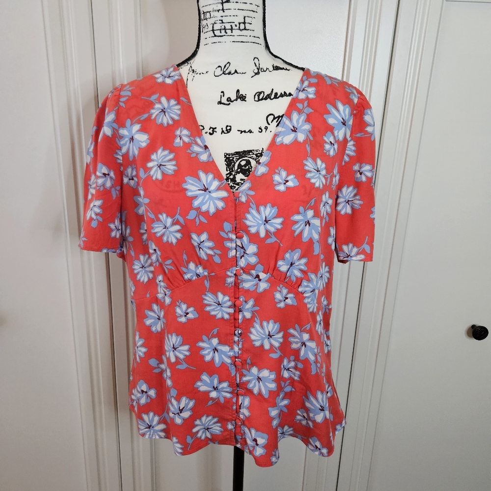 LOFT Red Blouse with Blue Floral Design